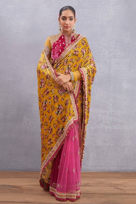 Yellow Banarasi Saree with Pink Border | Mamatha Tulluri