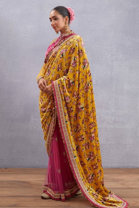 Torani_Yellow Net, Cotton , Velvet Sunehra Guldabri Saree _Online_at_Aza_Fashions