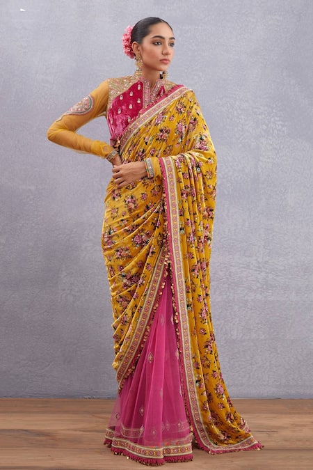 Shop_Torani_Yellow Net, Cotton , Velvet Sunehra Guldabri Saree _Online_at_Aza_Fashions
