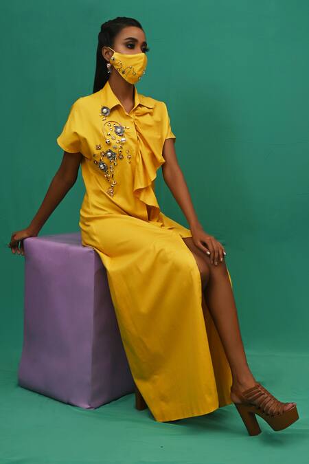 Buy_Xoxo Apurva_Yellow Cotton Satin Spread Collar Ruffle Tunic Dress With Mask _Online_at_Aza_Fashions