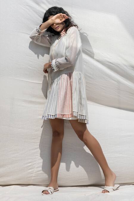 Shop Dhaari White 50 % Cotton, 50% Silk Handwoven Shirt Dress With Inner at Aza Fashions Shop_Dhaari_White 50 % Cotton, 50% Silk Handwoven Shirt Dress With Inner _at_Aza_Fashions