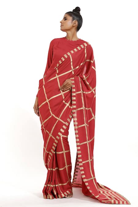 Abraham & Thakore Red Cellulose Blend Block Printed Saree 