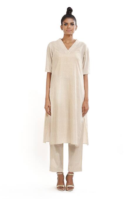 Abraham And Thakore_Beige Cotton V Neck Polka Dots Kurta_Online_at_Aza_Fashions
