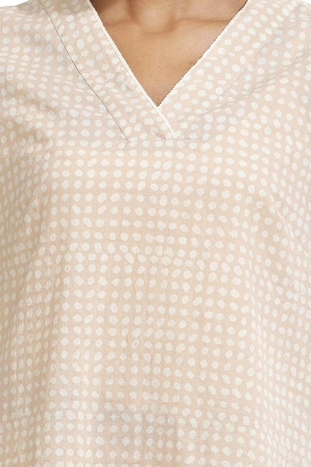Abraham And Thakore_Beige Cotton V Neck Polka Dots Kurta_at_Aza_Fashions