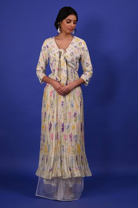 Rimi Nayak White Modal, Crepe, Organza, Cotton, Silk Assorted Floral Print Pleated Kurta Online at Aza Fashions Rimi Nayak_White Modal, Crepe, Organza, Cotton, Silk Assorted Floral Print Pleated Kurta _Online_at_Aza_Fashions