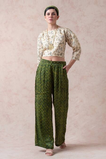 Shop Thetaa White Modal, Polyester, Voile Round Neck Ajrakh Print Flared Pant And Crop Top Set Online at Aza Fashions Shop_Thetaa_White Modal, Polyester, Voile Round Neck Ajrakh Print Flared Pant And Crop Top Set _Online_at_Aza_Fashions