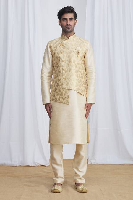 Arihant Rai Sinha Gold Silk Embroidery Floral Asymmetric Bundi Online at Aza Fashions Arihant Rai Sinha_Gold Silk Embroidery Floral Asymmetric Bundi_Online_at_Aza_Fashions