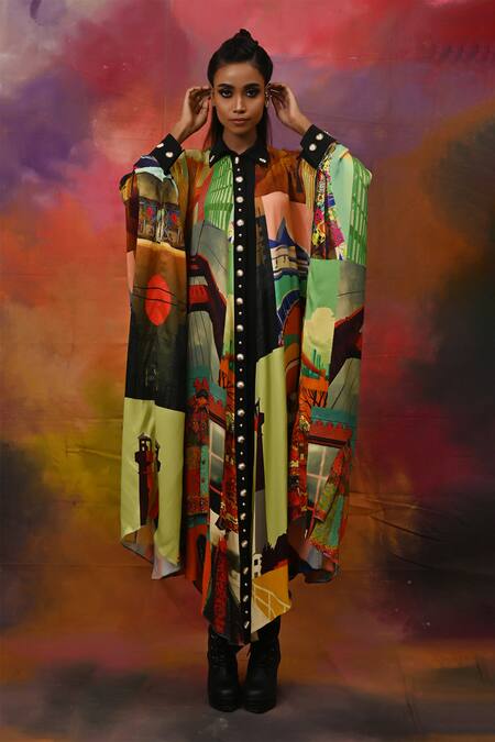 Xoxo Apurva_Multi Color Crepe Spread Collar Printed Kaftan Dress With Mask _Online_at_Aza_Fashions