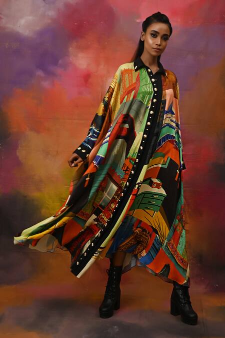 Buy_Xoxo Apurva_Multi Color Crepe Spread Collar Printed Kaftan Dress With Mask _Online_at_Aza_Fashions