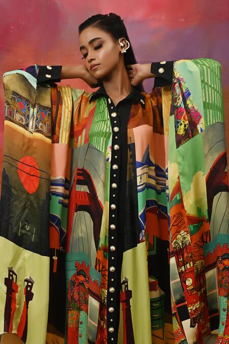 Shop_Xoxo Apurva_Multi Color Crepe Spread Collar Printed Kaftan Dress With Mask _Online_at_Aza_Fashions