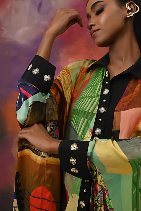 Xoxo Apurva_Multi Color Crepe Spread Collar Printed Kaftan Dress With Mask _at_Aza_Fashions