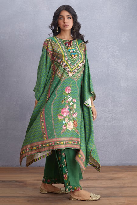 Torani_Green Original Linen, Pure Cotton Silk Round Panna Nazreen Kaftan And Pant Set _Online_at_Aza_Fashions