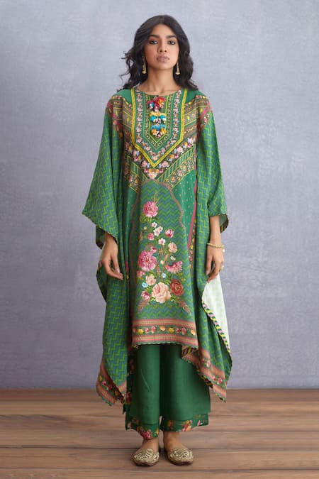 Buy_Torani_Green Original Linen, Pure Cotton Silk Round Panna Nazreen Kaftan And Pant Set _Online_at_Aza_Fashions
