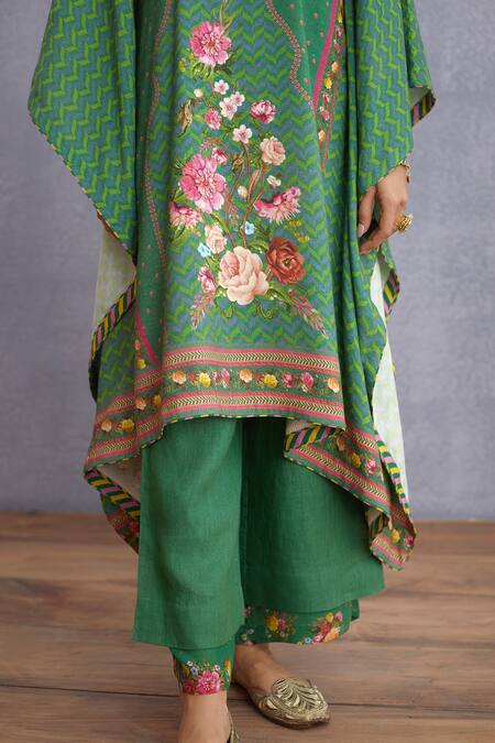 Shop_Torani_Green Original Linen, Pure Cotton Silk Round Panna Nazreen Kaftan And Pant Set _Online_at_Aza_Fashions