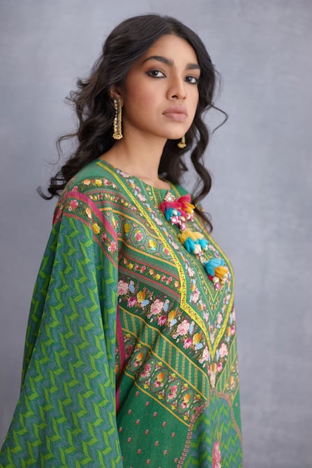 Torani_Green Original Linen, Pure Cotton Silk Round Panna Nazreen Kaftan And Pant Set _at_Aza_Fashions