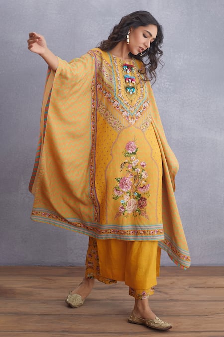 Torani_Yellow Original Linen, Pure Cotton Silk Round Sunehra Nazreen Kaftan And Pant Set _Online_at_Aza_Fashions