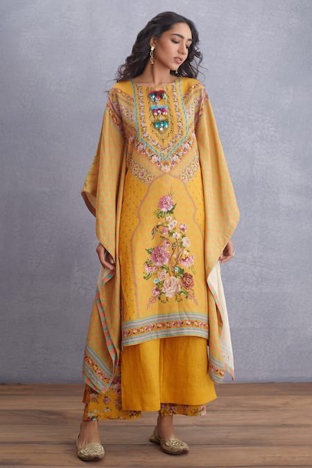 Buy_Torani_Yellow Original Linen, Pure Cotton Silk Round Sunehra Nazreen Kaftan And Pant Set _Online_at_Aza_Fashions