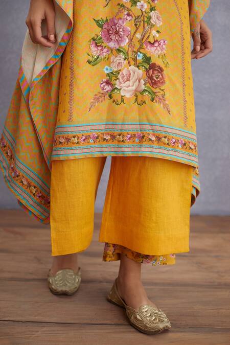 Shop_Torani_Yellow Original Linen, Pure Cotton Silk Round Sunehra Nazreen Kaftan And Pant Set _Online_at_Aza_Fashions
