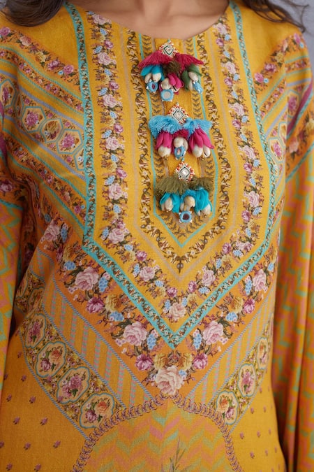 Torani_Yellow Original Linen, Pure Cotton Silk Round Sunehra Nazreen Kaftan And Pant Set _at_Aza_Fashions