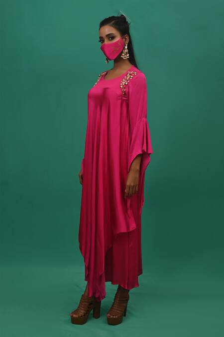 Shop_Xoxo Apurva_Pink Crepe Round Draped Dress With Mask _Online_at_Aza_Fashions