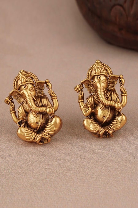 Smars Jewelry_Gold Plated Cut Work Lord Ganesha Carved Pendant Necklace Set _Online_at_Aza_Fashions