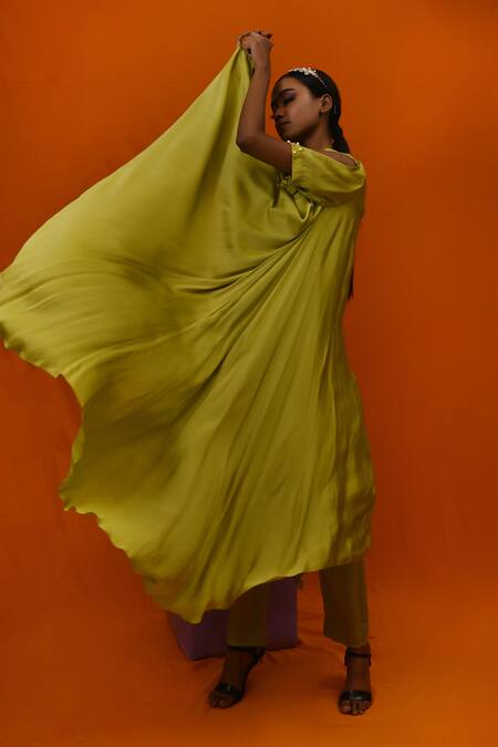Buy_Xoxo Apurva_Green Crepe Band Collar Draped Tunic And Pant Set  _Online_at_Aza_Fashions