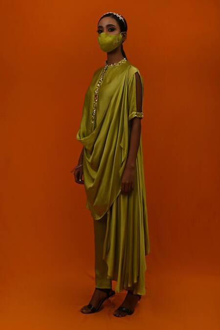 Shop_Xoxo Apurva_Green Crepe Band Collar Draped Tunic And Pant Set  _Online_at_Aza_Fashions