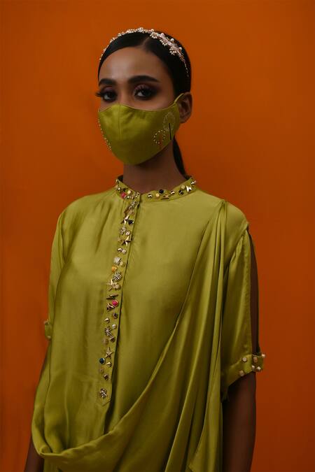 Xoxo Apurva_Green Crepe Band Collar Draped Tunic And Pant Set  _at_Aza_Fashions