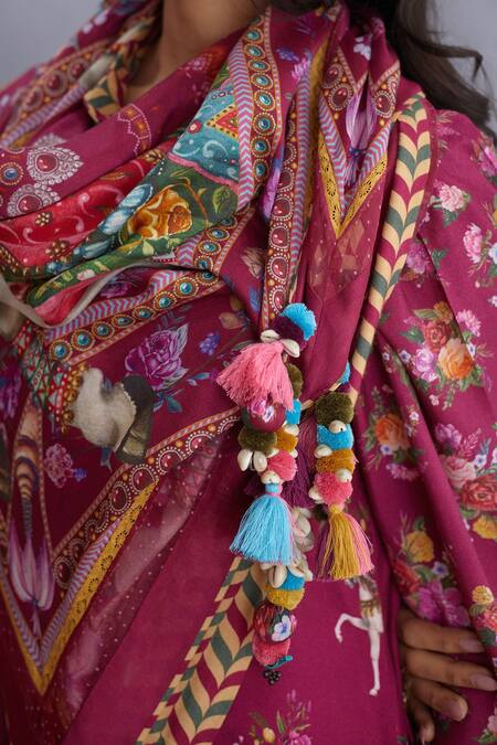 Torani_Red Tassels Manika Ashvamedha Scarf _at_Aza_Fashions