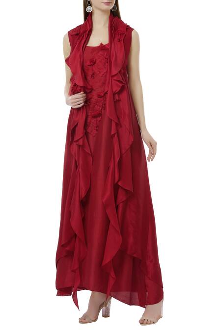 Anamika Khanna Red Asymmetric Cape Jacket With Maxi Dress