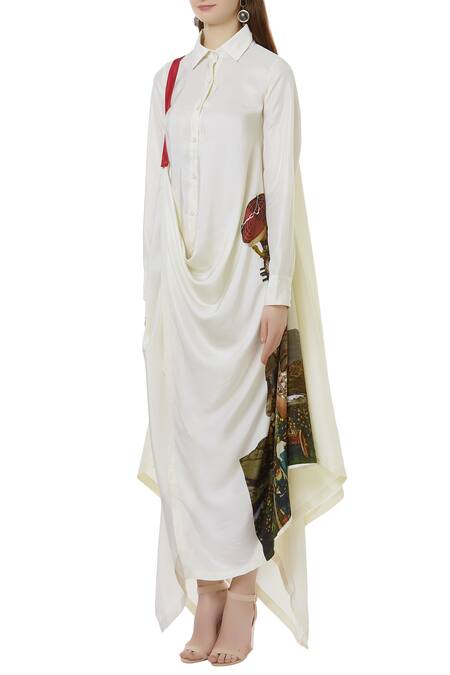 Buy_Anamika Khanna_Off White Asymmetric Shirt Dress_Online_at_Aza_Fashions