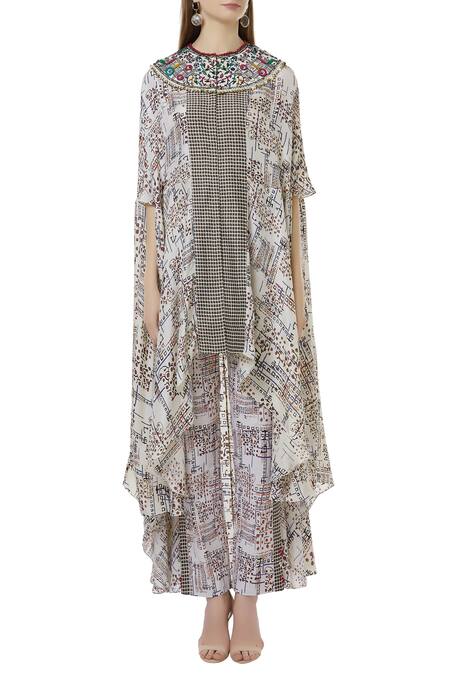 Anamika Khanna_White Printed Cape Style Kurta Set_Online_at_Aza_Fashions