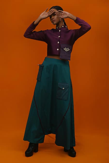 XOXO Apurva Purple Jacket Silk Chanderi Pant Cotton Satin Crepe And Set 