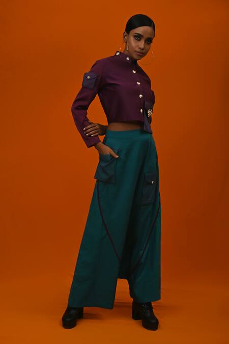 Xoxo Apurva_Purple Jacket Silk Chanderi Pant Cotton Satin Crepe Mandarin Collar And Set _Online_at_Aza_Fashions