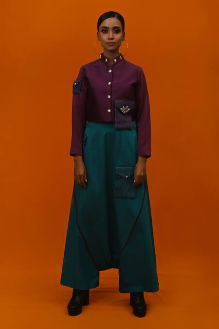 Buy_Xoxo Apurva_Purple Jacket Silk Chanderi Pant Cotton Satin Crepe Mandarin Collar And Set _Online_at_Aza_Fashions