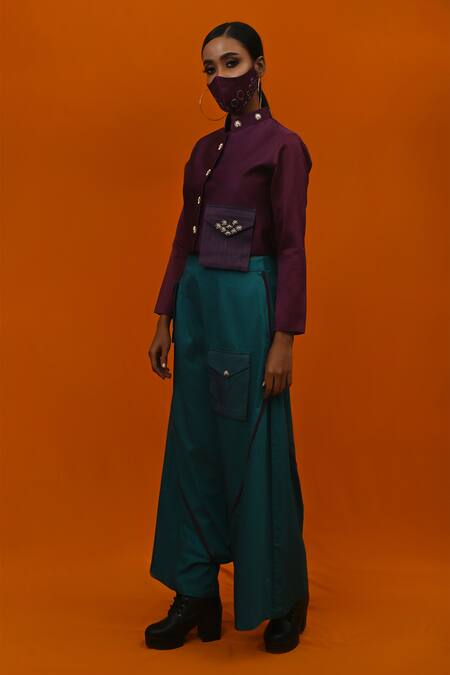 Shop_Xoxo Apurva_Purple Jacket Silk Chanderi Pant Cotton Satin Crepe Mandarin Collar And Set _Online_at_Aza_Fashions