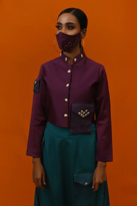 Xoxo Apurva_Purple Jacket Silk Chanderi Pant Cotton Satin Crepe Mandarin Collar And Set _at_Aza_Fashions