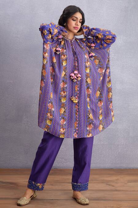 Torani_Purple Pure Cotton Silk Mandarin Collar Jamuni Tarifa Kurta  _Online_at_Aza_Fashions