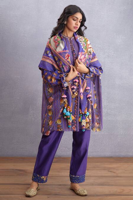 Buy_Torani_Purple Pure Cotton Silk Mandarin Collar Jamuni Tarifa Kurta  _Online_at_Aza_Fashions