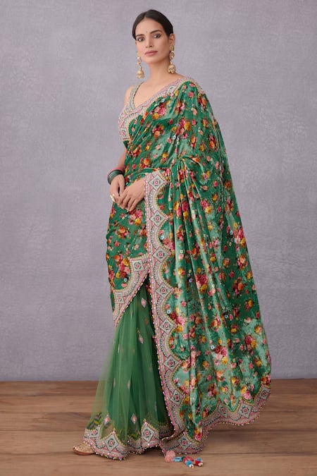 Torani_Green Velvet, Pure Cotton Silk Panna Guldabri Saree _Online_at_Aza_Fashions