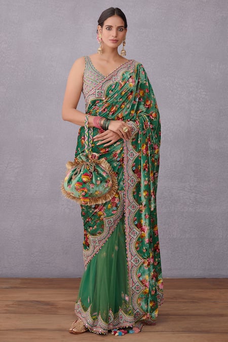 Buy_Torani_Green Velvet, Pure Cotton Silk Panna Guldabri Saree _Online_at_Aza_Fashions