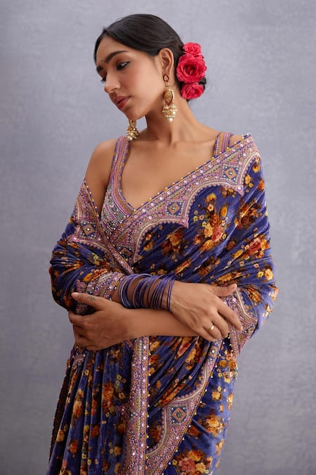 Shop_Torani_Purple Velvet, Pure Cotton Silk Jamuni Guldabri Saree _Online_at_Aza_Fashions