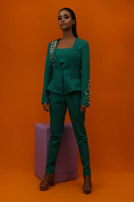 Buy_Xoxo Apurva_Green Cotton Twill V Neck Embellished Blazer And Pant Set _Online_at_Aza_Fashions