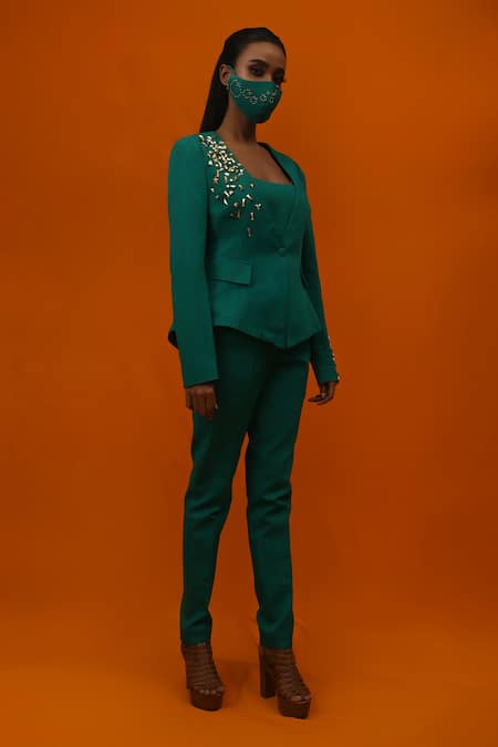 Xoxo Apurva_Green Cotton Twill V Neck Embellished Blazer And Pant Set _Online_at_Aza_Fashions