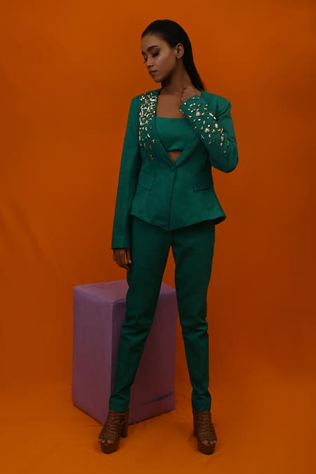 Shop_Xoxo Apurva_Green Cotton Twill V Neck Embellished Blazer And Pant Set _Online_at_Aza_Fashions