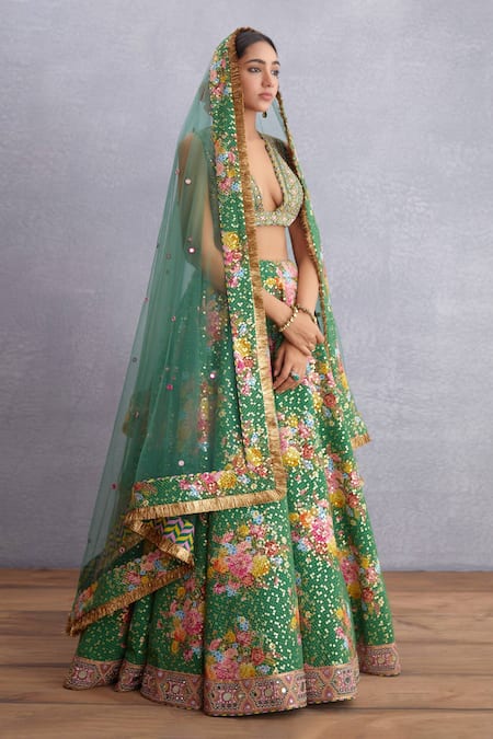 Buy_Torani_Green Lehenga Pure Cotton Silk And Sequin Fabric Panna Aastika Bridal Set _Online_at_Aza_Fashions