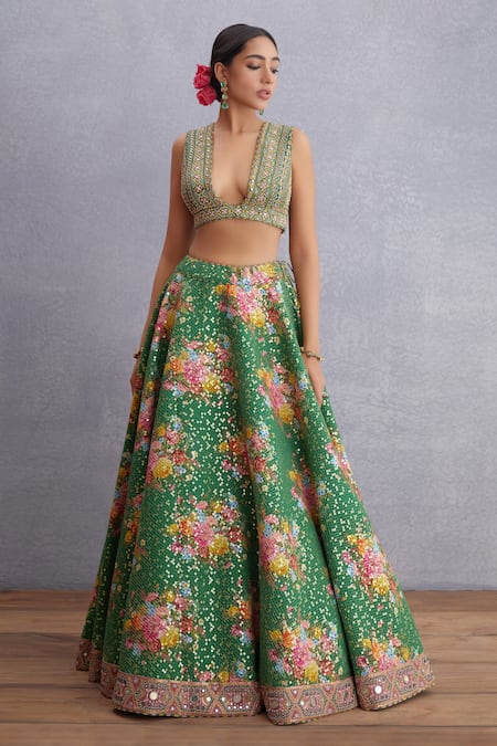Shop_Torani_Green Lehenga Pure Cotton Silk And Sequin Fabric Panna Aastika Bridal Set _Online_at_Aza_Fashions