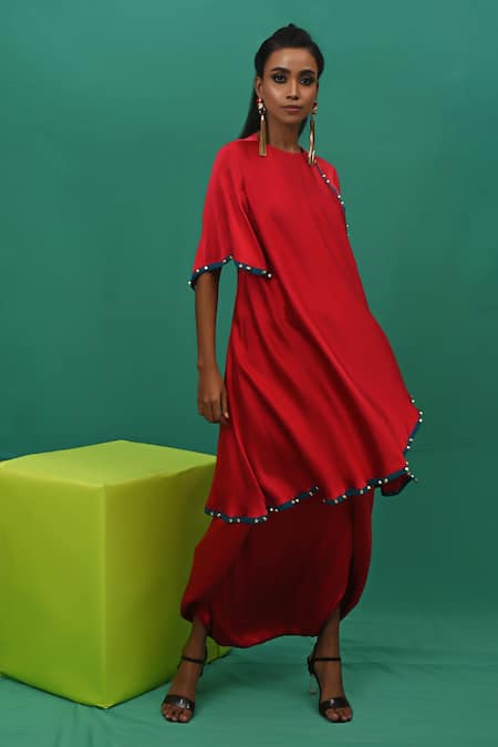 XOXO Apurva Red Crepe Round Neck Asymmetric Tunic And Draped Pant Set 