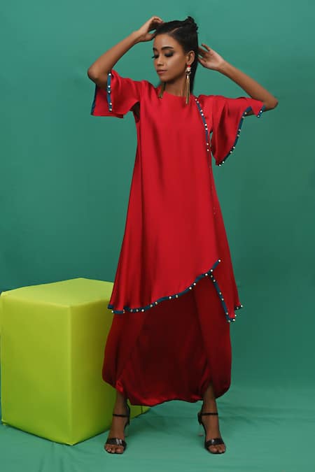 Xoxo Apurva_Red Crepe Round Neck Asymmetric Tunic And Draped Pant Set _Online_at_Aza_Fashions
