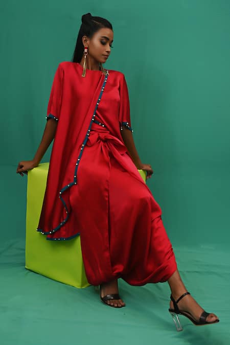 Buy_Xoxo Apurva_Red Crepe Round Neck Asymmetric Tunic And Draped Pant Set _Online_at_Aza_Fashions